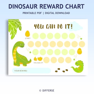 Puede incluir: Un gráfico de recompensas de dinosaurios imprimible con el texto "DINOSAUR REWARD CHART" en la parte superior. El gráfico presenta un dinosaurio verde, huevos y la frase "YOU CAN DO IT!" en un diseño lúdico. El gráfico está diseñado para descarga digital.