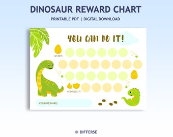 May include: A digital dinosaur reward chart with the text "DINOSAUR REWARD CHART" at the top. The chart features a green dinosaur, eggs, and the phrase "YOU CAN DO IT!" in a playful design. The chart is designed for digital download.