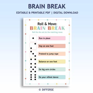 Op de afbeelding: Een afdrukbare PDF getiteld "Brain Break" met een lichtblauwe achtergrond. Het spel bevat een lijst met fysieke activiteiten gekoppeld aan dobbelstenen, zoals op de plaats rennen en op één been huppelen. De tekst is in een speels lettertype met kleurrijke accenten.