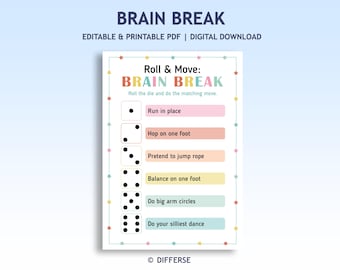 Actividades editables para el descanso mental / Juego de dados para el descanso mental / Póster para el descanso mental / Descansos en el aula / Ejercicios para niños / Actividad en el aula