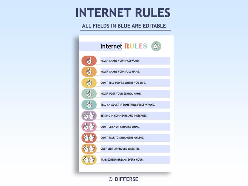 May include: A white poster with the title "INTERNET RULES" and the text "ALL FIELDS IN BLUE ARE EDITABLE". The poster lists internet safety guidelines, including "NEVER SHARE YOUR PASSWORD" and "TAKE SCREEN BREAKS EVERY HOUR".