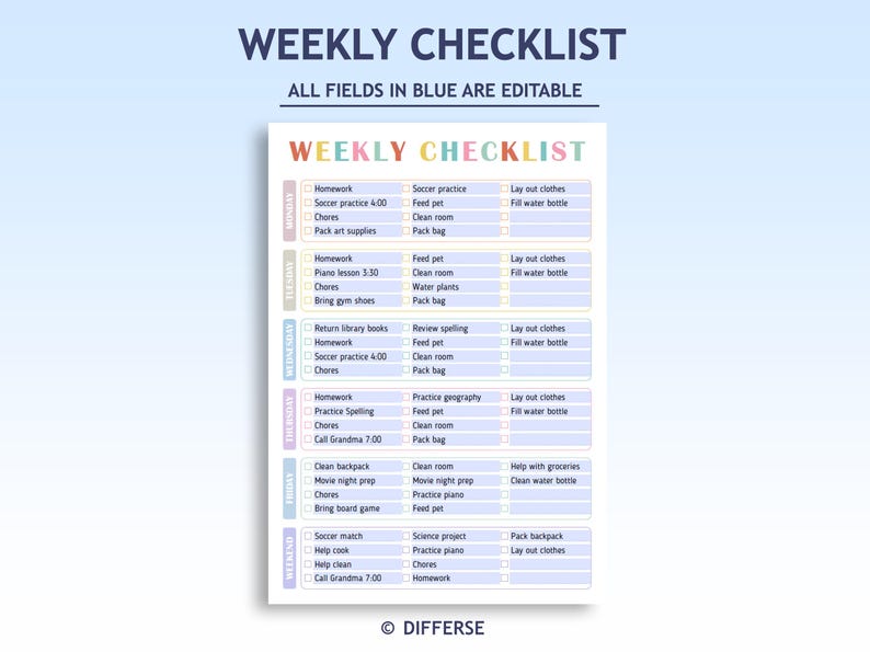 Editable Weekly Checklist | Weekly Planner | Daily to Do List | Daily ...