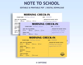 Parent Note to School | Morning Check in | Note To Teacher | Feelings Check in | Daily Check in | Wellness Check | Excuse Note