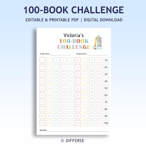 100 Book Reading Challenge | Printable Reading Tracker | Reading Log for Kids & Adults | Book Challenge Chart | Reading Goal Planner