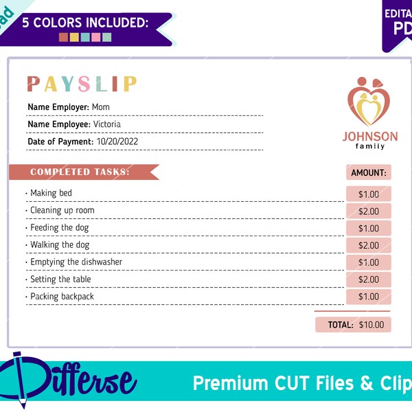 Editable Payslip For Kids | Reward System For Kids | Allowance Tracker | Good Behavior Reward | Printable Reward for Kids | Kids Paycheck