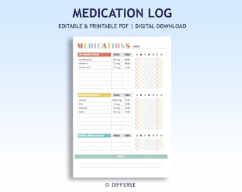 Editable Medication Tracker | Daily Medication Log | Supplement Tracker | AM PM Medication Schedule | Medication List | Medication Checklist