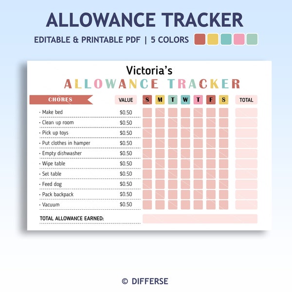 Editable Allowance Chart For Kids | Allowance Tracker | Editable Chore Chart | PDF Incentive chart | A4 Instant Download | Behavior chart