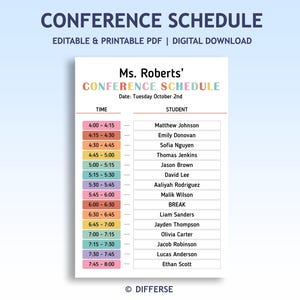Può includere: Un programma di conferenza stampabile intitolato "Conference Schedule" con il testo "Ms. Roberts' Conference Schedule" e un elenco di nomi di studenti e orari. Il programma è un download digitale.