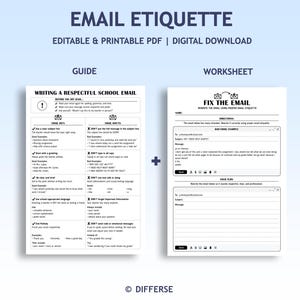 May include: An educational digital download titled Email Etiquette featuring a guide for writing a respectful school email and a Fix The Email worksheet. The documents are black and white with text instructions, examples of good and bad emails, and a space for students to rewrite messages.