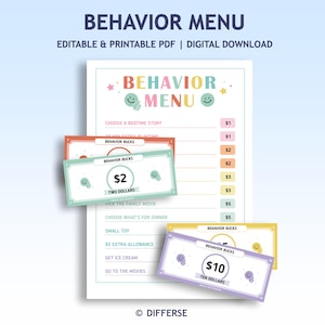 May include: A colourful "Behaviour Menu" printable PDF with a list of activities and corresponding amounts in dollars. Includes three "Behaviour Bucks" in denominations of $2 and $10. The menu features the text "Choose a bedtime story" and "Choose what's for dinner".