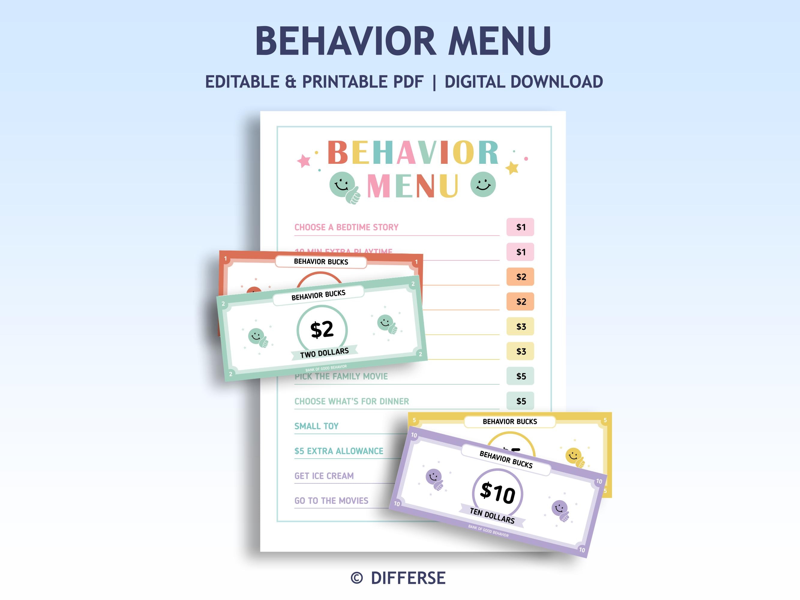 Behavior Menu Reward System for Kids | Mom Bucks | Play Reward Money ...