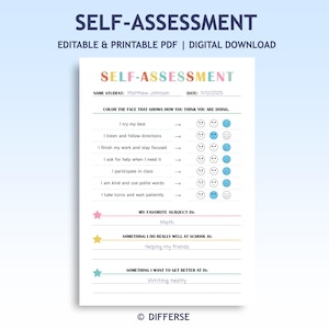 Puede incluir: Una hoja de autoevaluación imprimible titulada "SELF-ASSESSMENT". Presenta secciones para el nombre y la fecha del estudiante, y indicaciones para evaluar su comportamiento utilizando caras emoji. La hoja también pregunta sobre las asignaturas favoritas y las áreas de mejora.