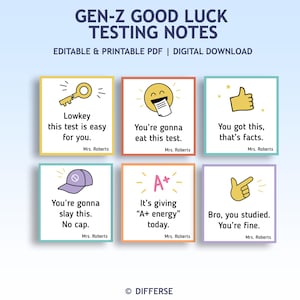 Può includere: Un download digitale intitolato GEN-Z GOOD LUCK TESTING NOTES con sei carte quadrate dai bordi colorati. Ogni carta mostra un'illustrazione unica e un testo incoraggiante, come Lowkey this test is easy for you, firmato da Mrs. Roberts.
