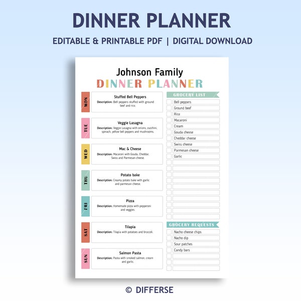 Kids Dinner Planner | Kids Meal Planner | Weekly Meal Planner | Family Dinner Planner | Grocery Planner | Menu Planner | Menu Template