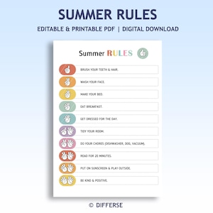May include: A printable PDF titled "Summer Rules" with a list of daily tasks. The list includes brushing teeth, washing face, making bed, eating breakfast, getting dressed, tidying room, doing chores, reading, applying sunscreen, and being kind.
