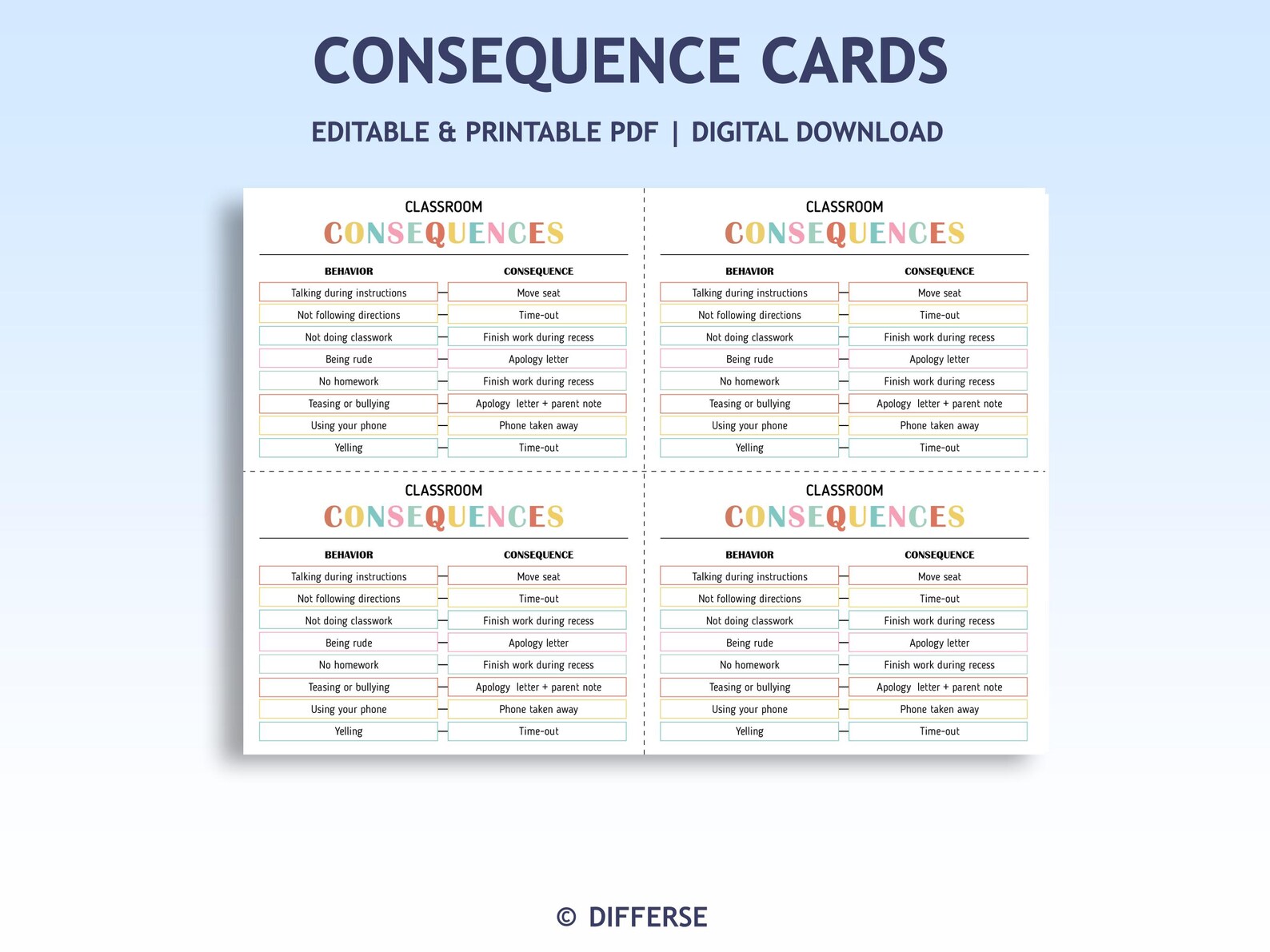 Editable Consequence Desk Cards | Mini Consequence Chart | Classroom ...