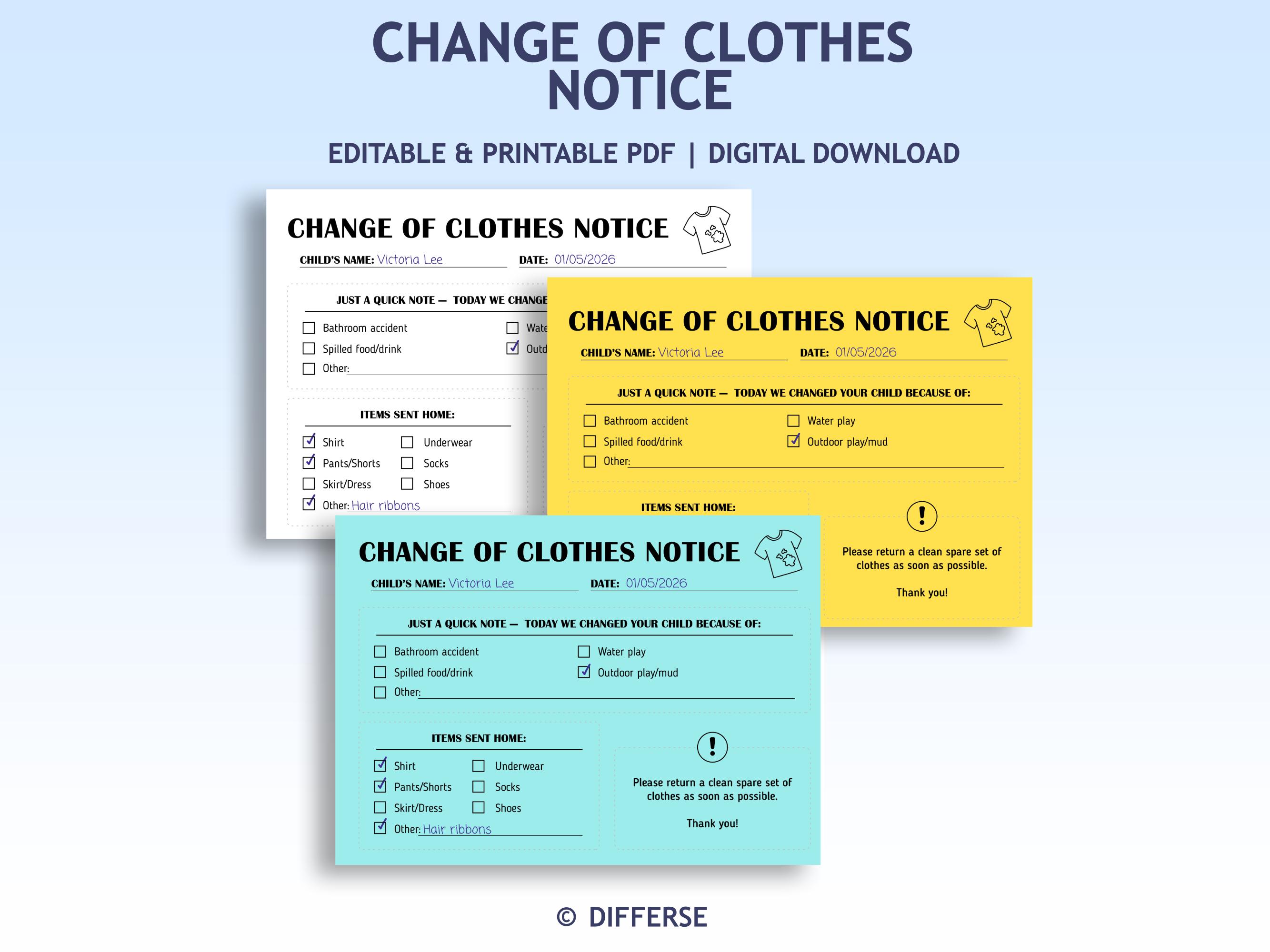 Editable Change of Clothes Notice | Change of Clothing Reminder ...