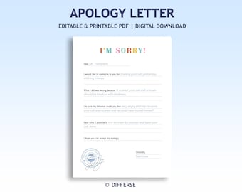 Kids Apology Letter | Letter of Apology | Apology Template | Apology Worksheet | I’m Sorry Letter | Printable Apology | Apology Note