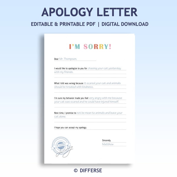 Kids Apology Letter | Letter of Apology | Apology Template | Apology Worksheet | I’m Sorry Letter | Printable Apology | Apology Note