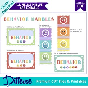May include: Printable behavior chart with colorful jars and marbles. The chart includes the text "Behavior Marbles" and instructions for using the chart. All fields in blue are editable.