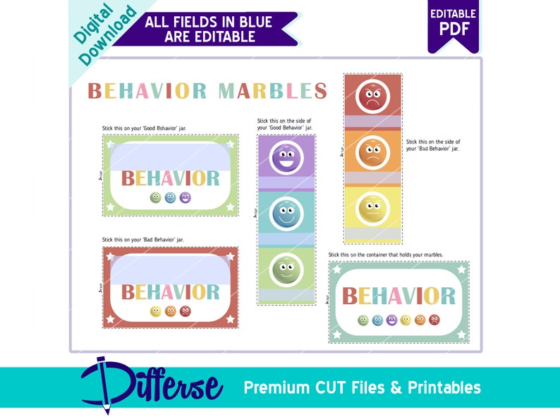 May include: Printable behavior chart with colorful jars and marbles. The chart includes the text "Behavior Marbles" and instructions for using the chart. All fields in blue are editable.