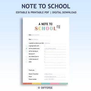 School Note From Home | Note to School Template | Excuse Note | Note From Mom | Note for School | Parent Mail | Parent Note to Teacher