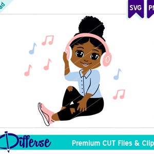 ヘッドフォンをつけたアフリカ系アメリカ人の少女 SVG | SVG カット ファイルと PNG | 音楽 svg | かわいい黒人少女 svg | 美少女 svg | アフリカ系アメリカ人 svg