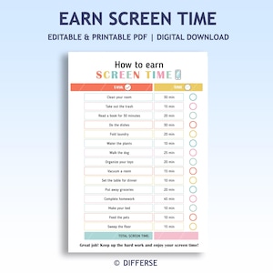 Może przedstawiać: Drukowana tabela z kolorowym wzorem, która pomaga dzieciom zdobyć czas na ekranie poprzez wykonywanie obowiązków domowych. Tabela zawiera listę obowiązków, takich jak sprzątanie pokoju, wyrzucanie śmieci, czytanie książki, zmywanie naczyń, składanie prania, podlewanie roślin, wyprowadzanie psa na spacer, sprzątanie zabawek, odkurzanie pokoju, nakrywanie do stołu na kolację, odkładanie zakupów, odrabianie lekcji, robienie łóżka, karmienie zwierząt domowych i zamiatanie podłogi. Każdy obowiązek ma odpowiadającą mu wartość czasową w minutach. Tabela zawiera sekcję do obliczania całkowitego czasu na ekranie, który został zdobyty.
