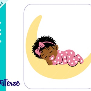 Afro-Amerikaanse pasgeboren slapen op de maan | SVG-bestand knippen & PNG | Slapende babymeisje SVG | Zwarte baby op maan | Kwekerij-svg