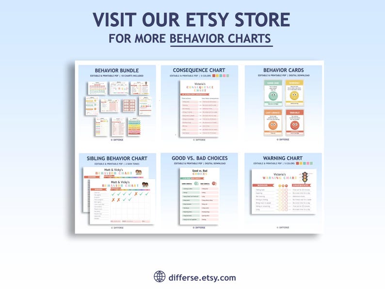 May include: A collage of printable behavior charts for kids. The charts include a behavior bundle, consequence chart, behavior cards, sibling behavior chart, good vs. bad choices chart, and a warning chart. The charts are colorful and feature various themes, including traffic lights, smiley faces, and stars.