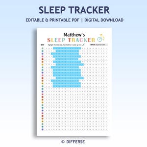 Può includere: Un tracker del sonno stampabile intitolato "Sleep Tracker di Matthew" con un design blu e bianco. Il documento include una griglia per registrare i modelli di sonno, con sezioni evidenziate in blu. Il testo "SLEEP TRACKER" è in alto.