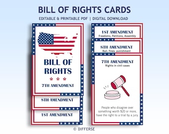 Kids Bill Of Rights Practice Cards | 10 Amendments | US Constitution | 1st Amendment, 2nd 3rd 4th 5th Amendment | History Classroom Wall Art