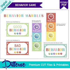 May include: Printable behavior chart game for kids with colorful labels for good and bad behavior. The labels feature smiley faces and the text "Good Behavior", "Bad Behavior", and "Behavior".