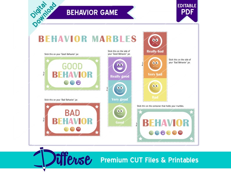 May include: Printable behavior chart game for kids with colorful labels for good and bad behavior. The labels feature smiley faces and the text "Good Behavior", "Bad Behavior", and "Behavior".