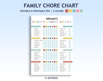 Editable Family Chore Chart | Daily and Weekly Chores | Printable Chore Chart | Editable Chore Chart For Kids PDF | A4 Digital Download