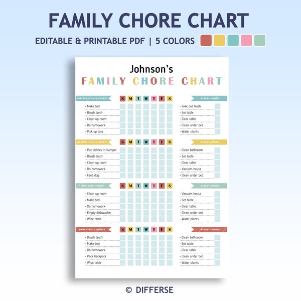 Editable Family Chore Chart | Daily and Weekly Chores | Printable Chore Chart | Editable Chore Chart For Kids PDF | A4 Digital Download