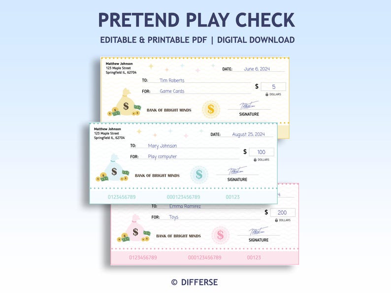 Editable Play Checks for Children | Kids Pretend Checks | Pretend Play ...