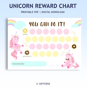 Tableau de récompenses imprimable Licorne pour enfants | Graphique de comportement |  Tableau des tâches ménagères enfants | Tableau d'apprentissage de la propreté | JPG et PDF A4 | Téléchargement instantané