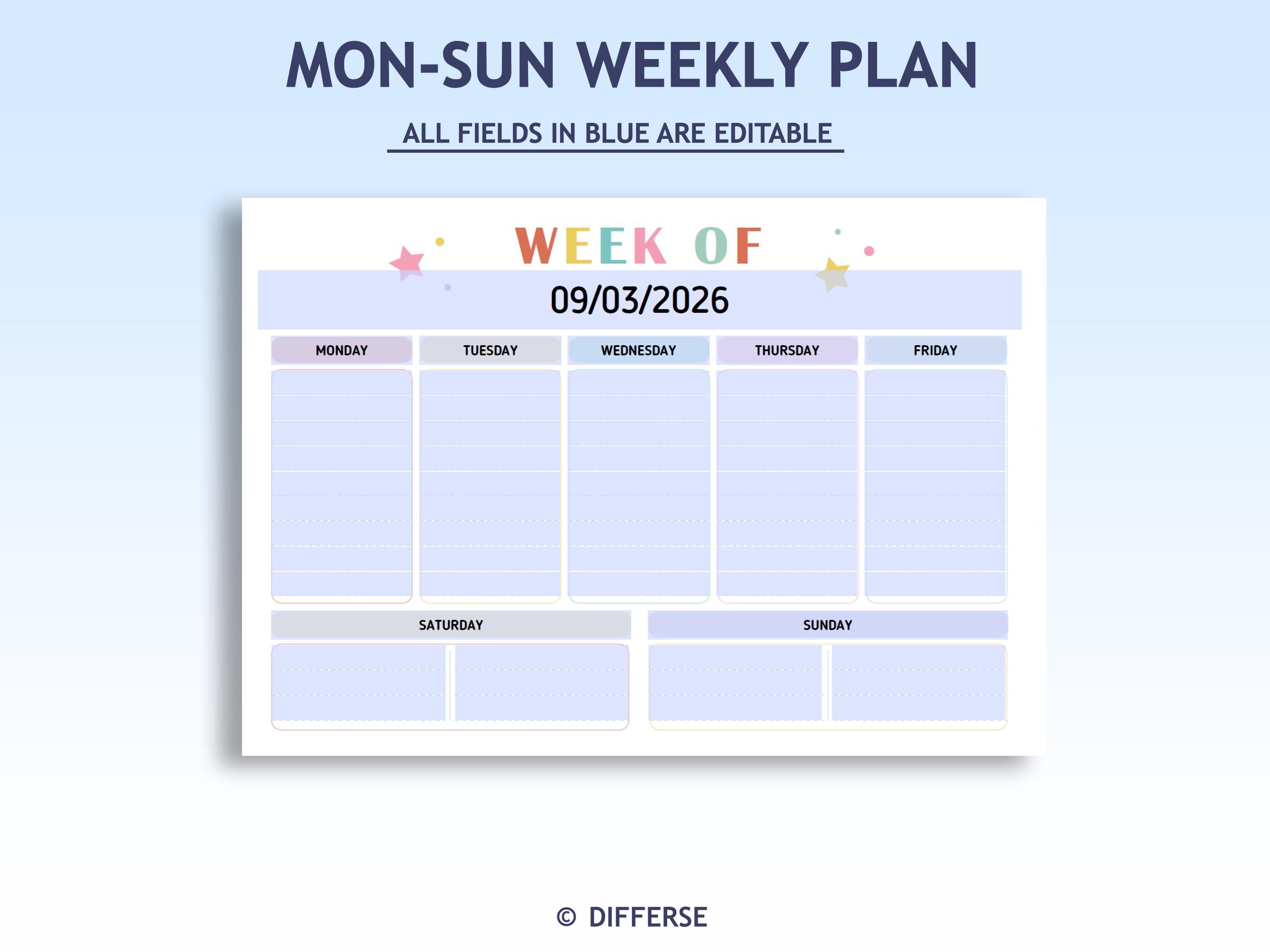 Editable Weekly Plan | Weekly Planner | Week at A Glance | Daily to Do ...