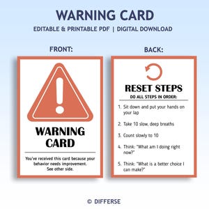 May include: A rectangular warning card with a coral-colored border. The front features a large triangle warning icon, the text WARNING CARD, and instructions to see the other side. The back lists five numbered reset steps for behavior.