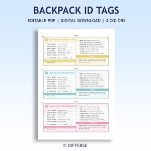 Bearbeitbarer Rucksack-ID-Tag | Kinderausweis | Notfall-Karte | Allergiker Anhänger | Kinder Ausweis | ICE Karte | Notfallkontaktkarte
