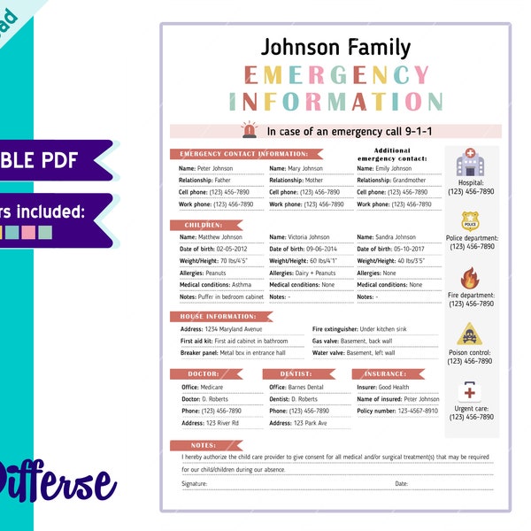 Emergency Information Sheet | Babysitter Information Sheet | Emergency Contact Information | Emergency Contact Form | In Case Of Emergency