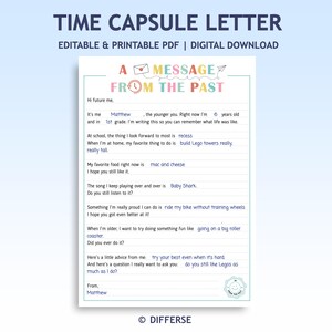May include: A printable time capsule letter template with the text "TIME CAPSULE LETTER" at the top. The letter includes prompts for the writer to fill out, such as favorite food and activities. The design is light blue and white.