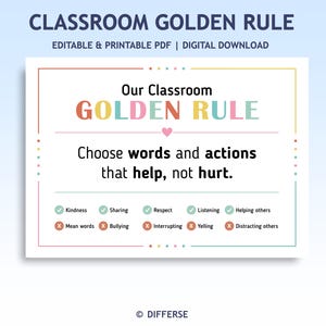 May include: A digital classroom poster titled CLASSROOM GOLDEN RULE with the text Choose words and actions that help, not hurt. It lists positive behaviours like Kindness and Sharing with green checkmarks and negative ones with red X marks.