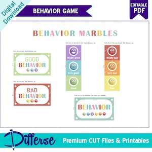 May include: Printable behavior chart with colorful labels for a behavior marble game. The labels say "Good Behavior", "Bad Behavior", "Really Good", "Very Good", "Good", "Really Bad", "Very Bad", and "Bad".