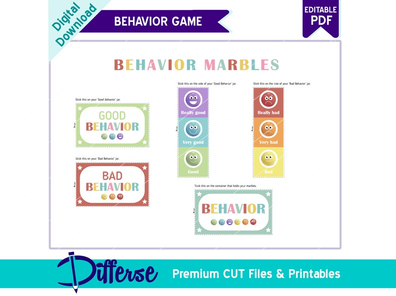 May include: Printable behavior chart with colorful labels for a behavior marble game. The labels say "Good Behavior", "Bad Behavior", "Really Good", "Very Good", "Good", "Really Bad", "Very Bad", and "Bad".