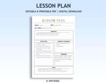 Puede incluir: Una plantilla de plan de lección con el título "LESSON PLAN" en letras coloridas. El PDF editable e imprimible incluye secciones para el tema, el tema, los objetivos, los pasos de la lección, los materiales, la tarea y las notas. El tema es Ciencia y el tema es el ciclo del agua.