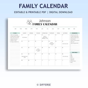 Peut inclure: Un modèle de calendrier familial imprimable avec un schéma de couleurs vert et blanc. Le calendrier comprend une liste de choses à faire, une liste d'épicerie et une liste de priorités. Le calendrier est intitulé "Calendrier familial Johnson".