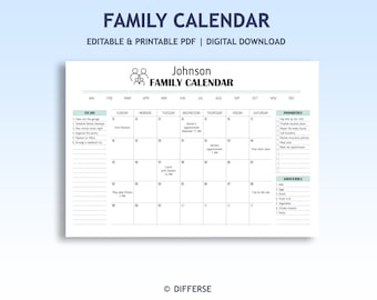 Printable Family Calendar | Family Monthly Planner | Printable Calendar | Undated Family Calendar | Family Planner | Blank Calendar