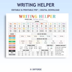 May include: A colorful "Writing Helper" printable PDF with a student name section, alphabet, colors, days of the week, months, number words, sight words, and writing checklist. The title is in rainbow colors.